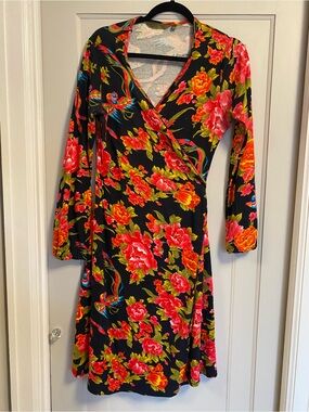 Black Pink Floral Long Sleeve Wrap Dress Versatile Soft Colourful 100% Cotton